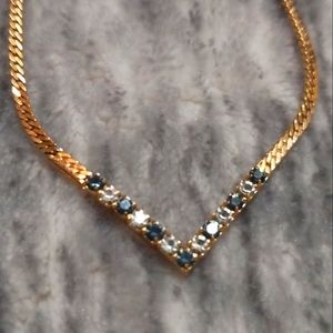 Vintage Avon Gold Necklace with Dark blue and white rhinestones, Like New